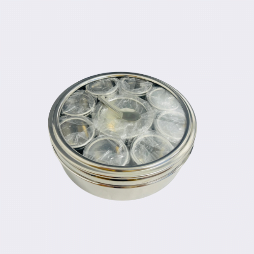 Round Stainless Steel Masala Dabba With Spoon and Transparent Lid