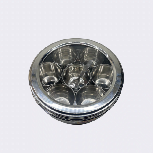 Round Stainless Steel Masala Dabba With Spoon and Transparent Lid with 7 Compartments