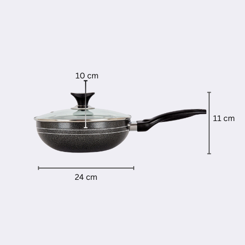 Klassic Non Stick Wok / Karahi Round Short Handle 24 cm with Glass Lid