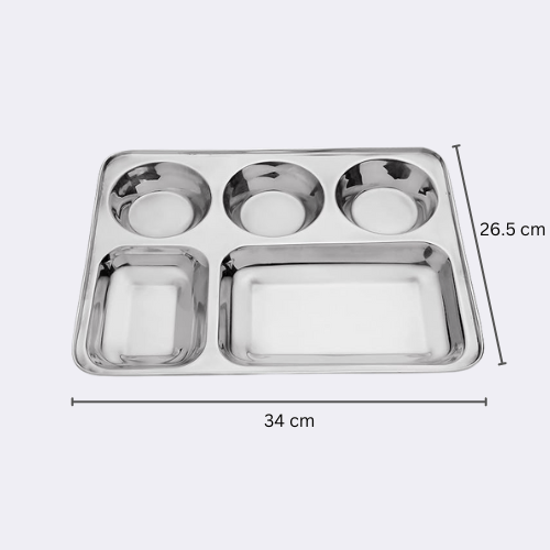 Stainless Steel 5 Compartment Tray Mess Indian Thali Dinner Plate Dish